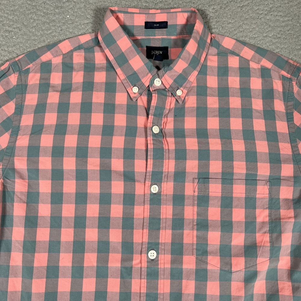 J Crew Shirt Mens Medium Pink Plaid Casual Preppy Office Wear Pocket Slim Fit